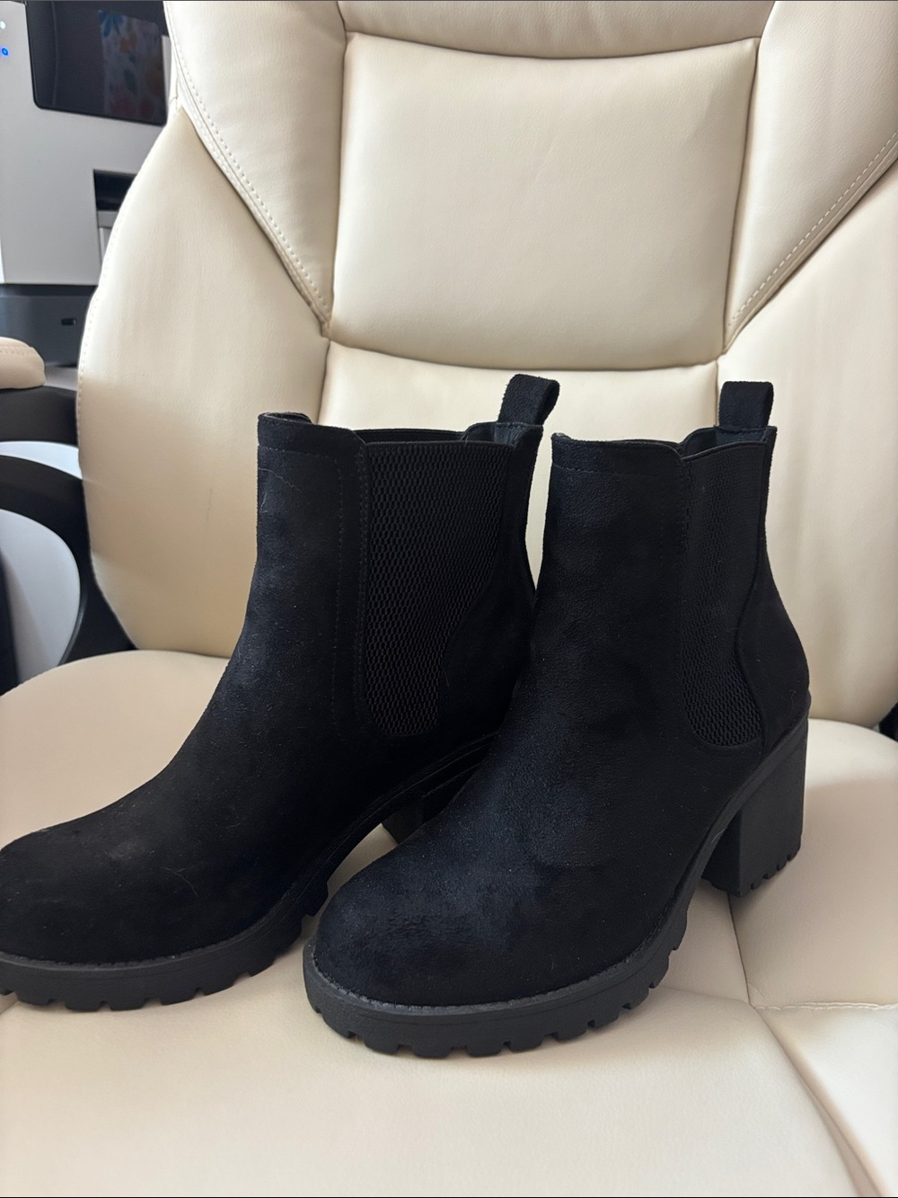 Women's Black Suede Chelsea Ankle Boots with Block Heel